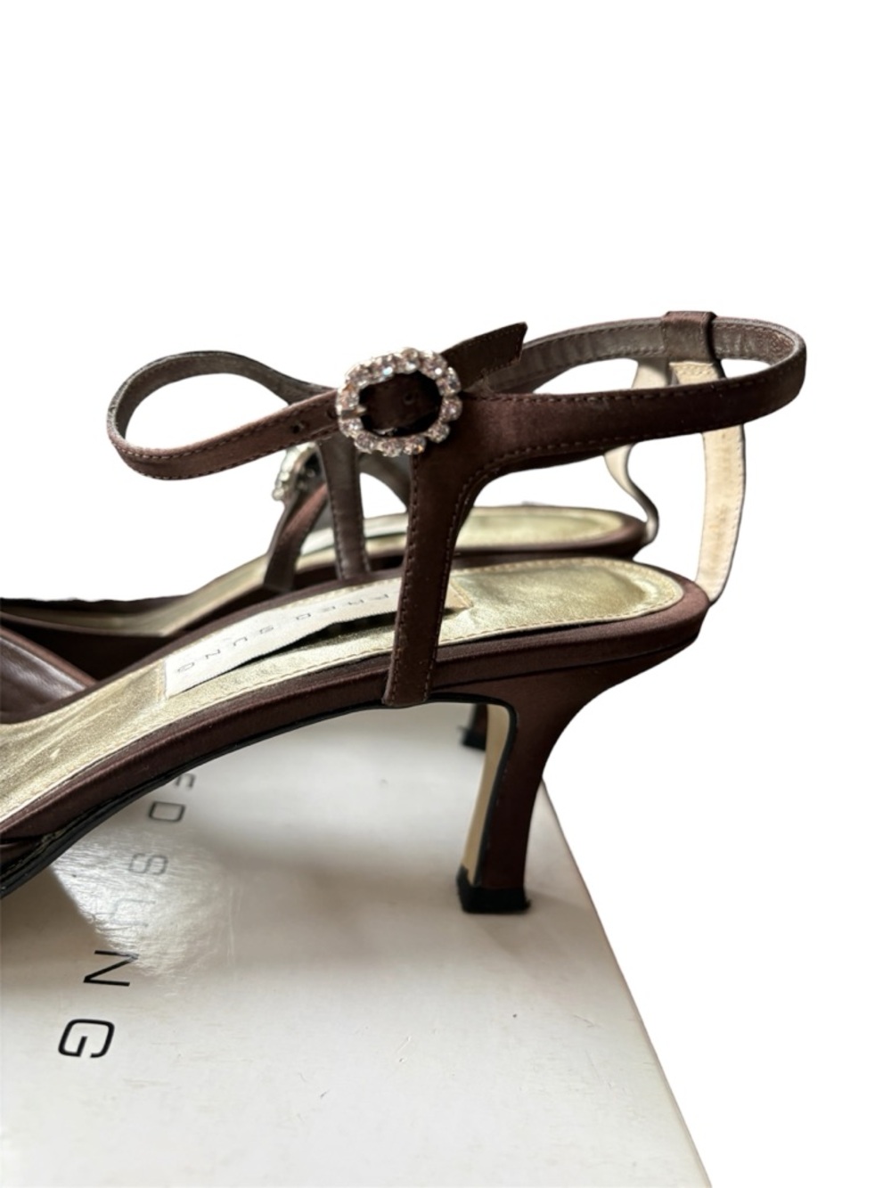 👠ALFRED SUNG Chocolate Brown Satin Kitten Heel Slingbacks w/Jewel Buckle, Sz 10